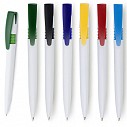 Pixuri promotionale cu agatatoare colorata si cu corp alb din plastic - 3873 Pixuri promotionale cu agatatoare colorata si cu corp alb din plastic - 3873